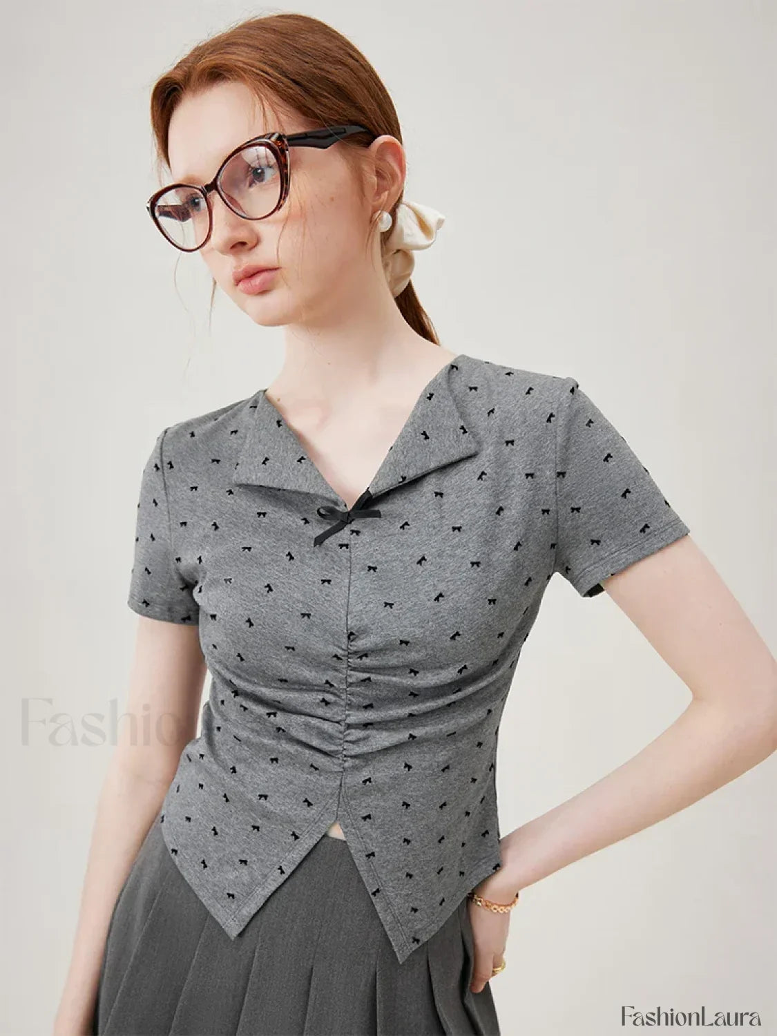 Bowknot Lapel Tight Knit Casual T-Shirt