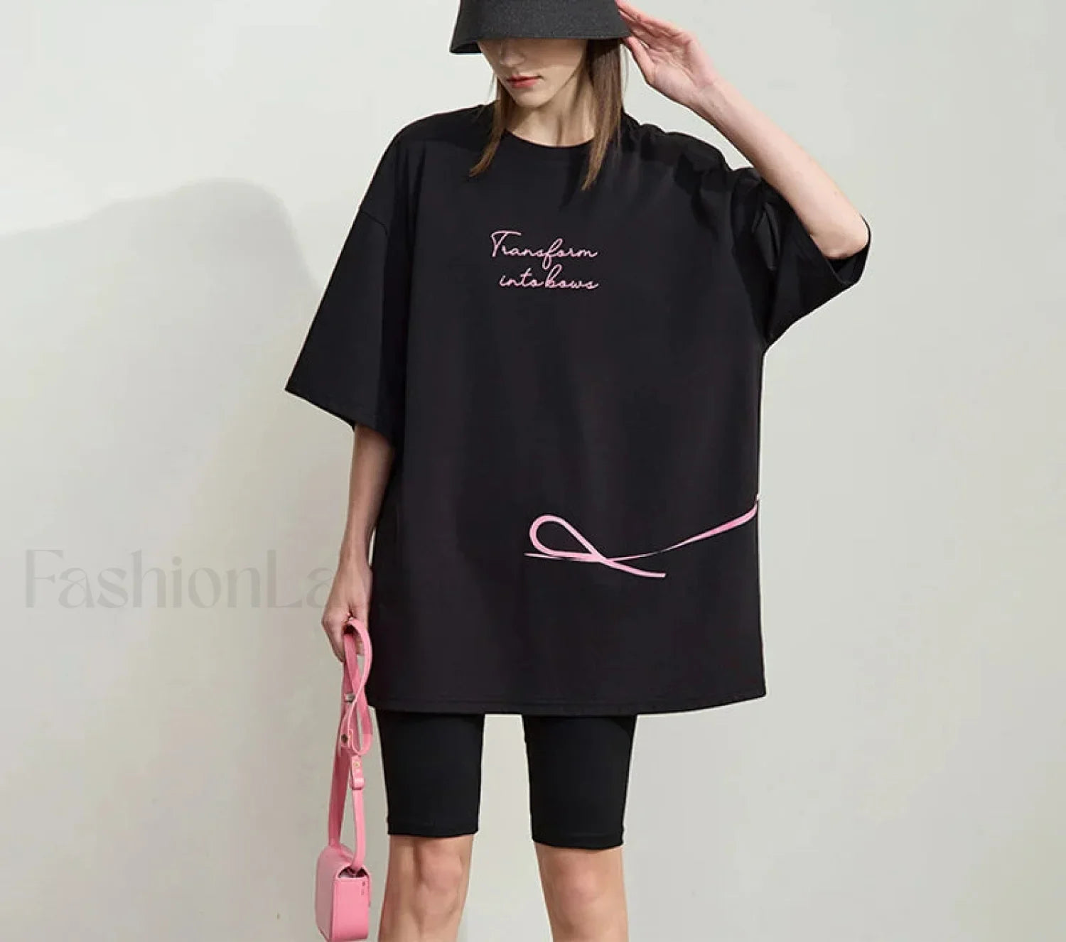 Bowknot Print Loose T Shirt Black / One Size