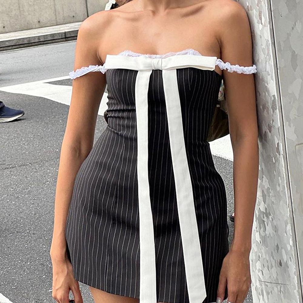 Bow Lace Striped Mini Dress - View 2