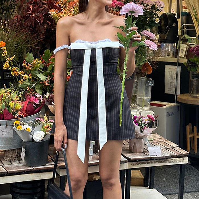 Bow Lace Striped Mini Dress - View 8