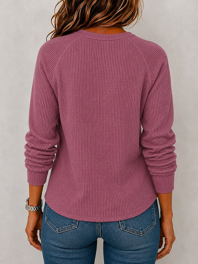 Split Neck Button Long Sleeve Waffle Knit Top