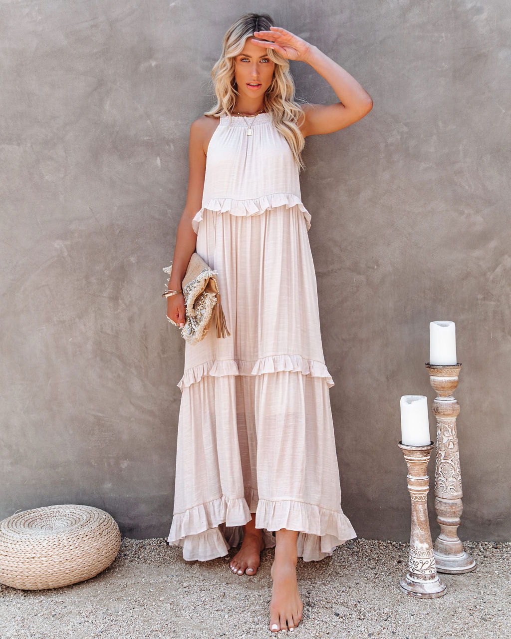 Brave Soul Pocketed Halter Maxi Dress Champagne