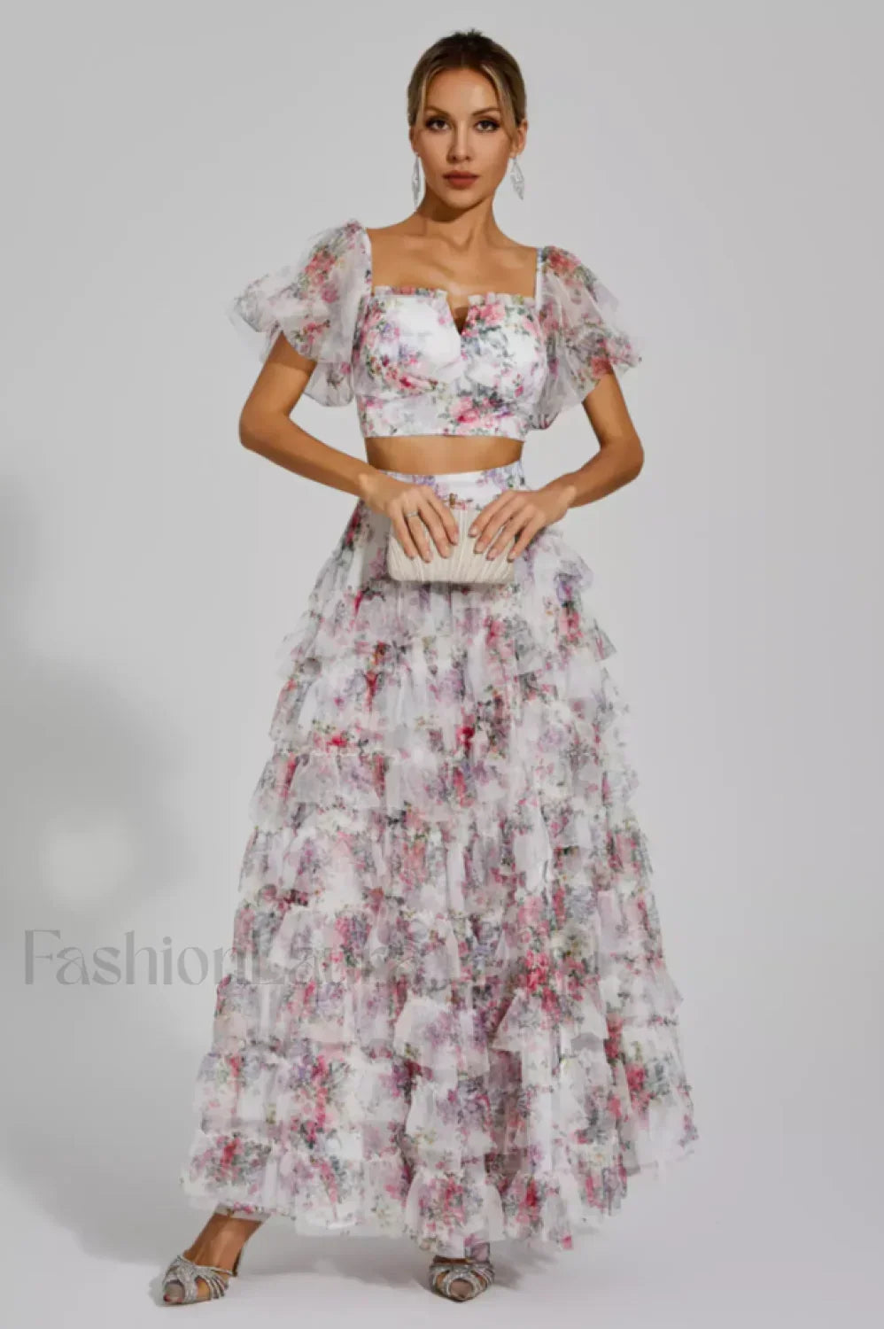 Braylee Purple Stylish Floral Ruched Set M / White