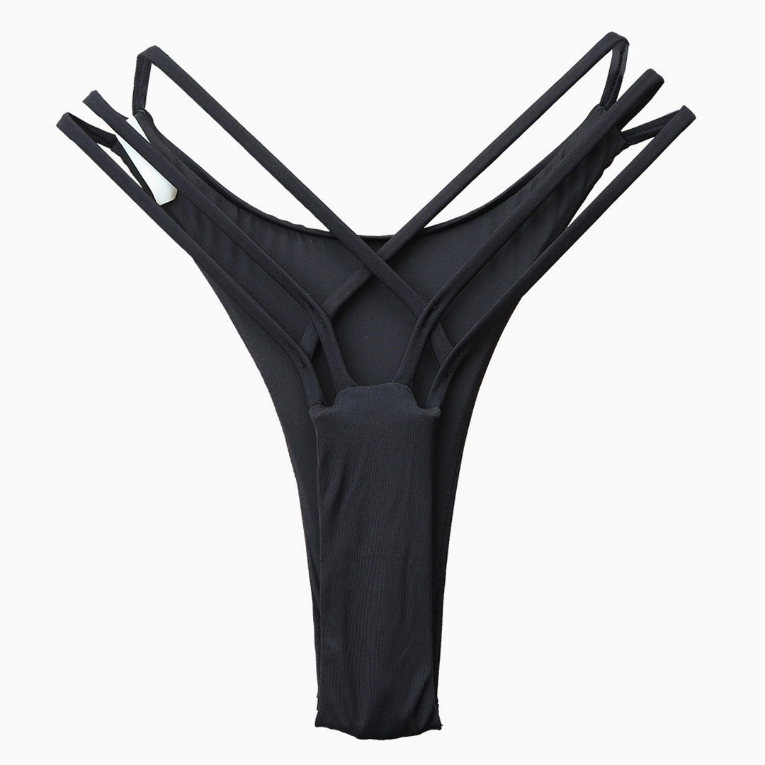 Brazilian Solid Cut Out Crisscross Strappy Bikini Thong Bottom - Black