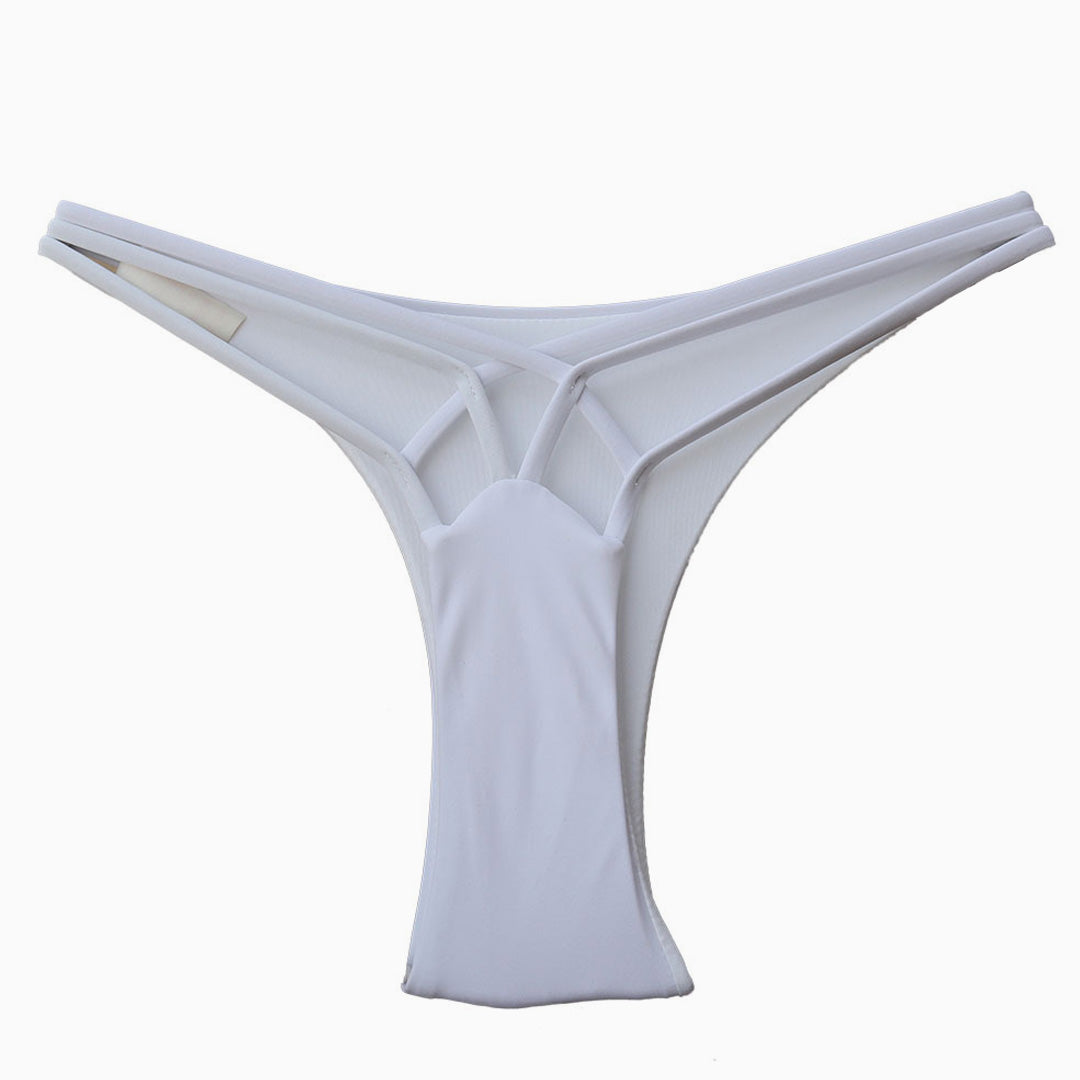 Brazilian Solid Color Cut Out Crisscross Strappy Bikini Thong Bottom - White