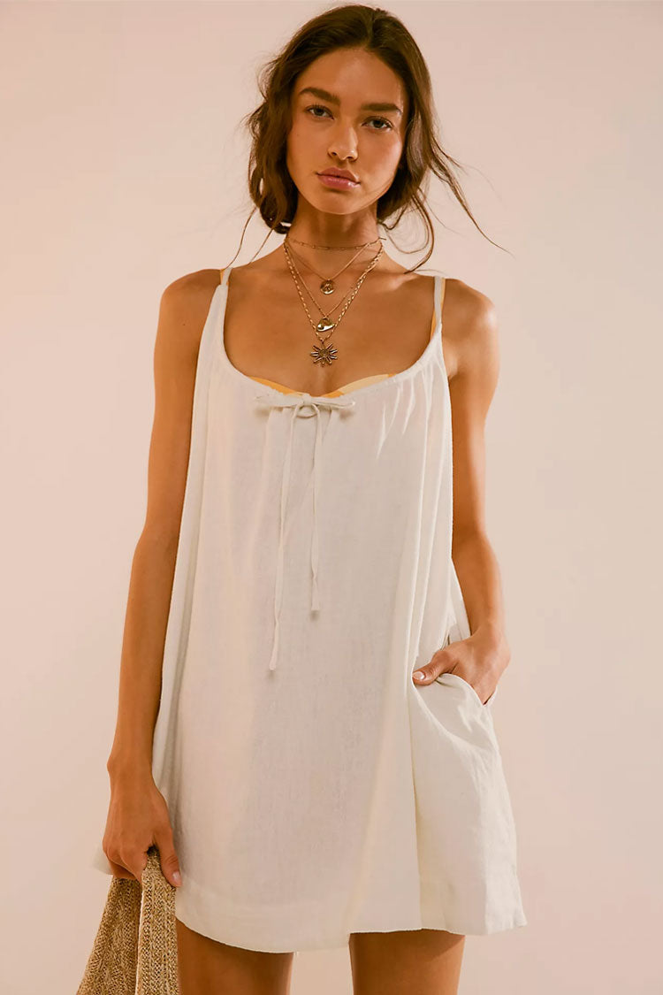 Breezy Ruched Bow Tie Scoop Neck Cami Sleeveless Summer Mini Sundress