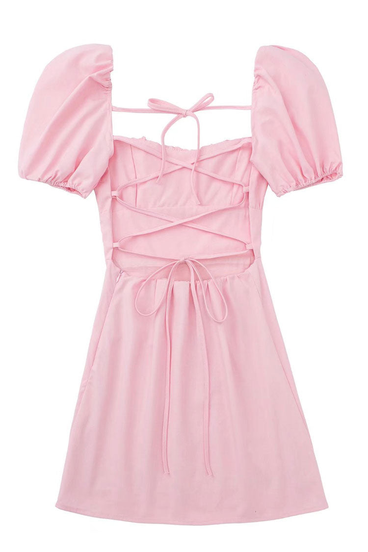 Breezy Ruched Square Neck Puff Sleeve Lace Up Back Party Mini Dress - Pink 4