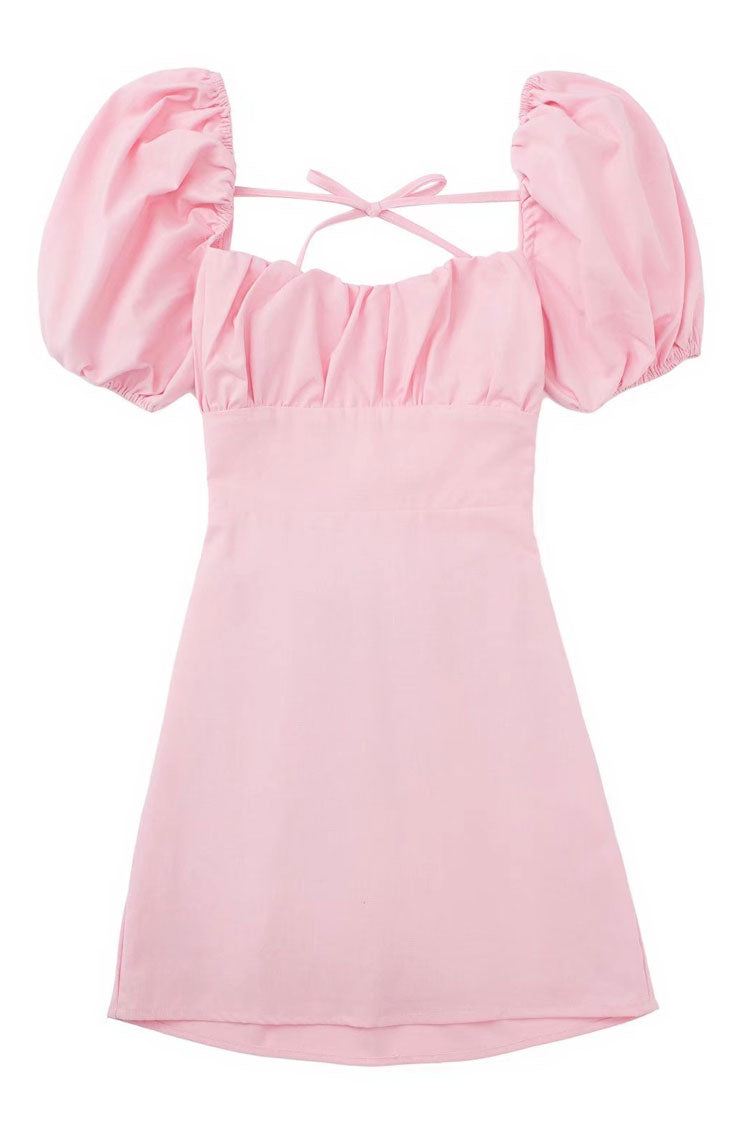 Breezy Ruched Square Neck Puff Sleeve Lace Up Back Party Mini Dress - Pink 5