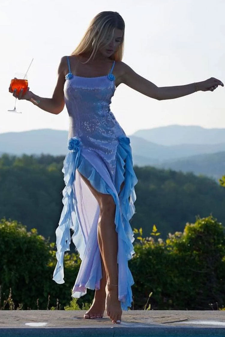 Sequin Cami Ruffle Trim High Split Sheer Maxi Dress