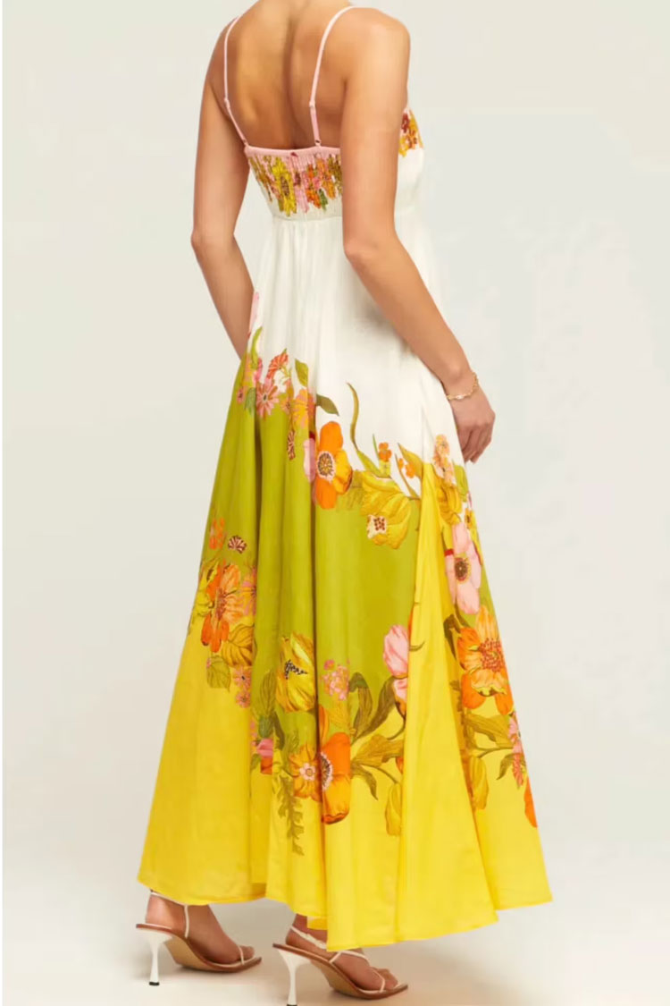 Breezy Square Neck Empire Waist Linen Blend Vacation Floral Maxi Sundress