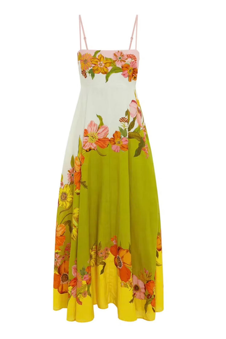 Breezy Square Neck Empire Waist Linen Blend Vacation Floral Maxi Sundress