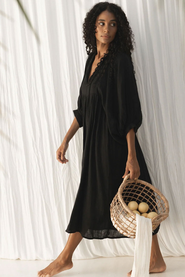 Breezy Tie Neck Balloon Sleeve Cotton Linen Babydoll Beach Vacation Midi Dress