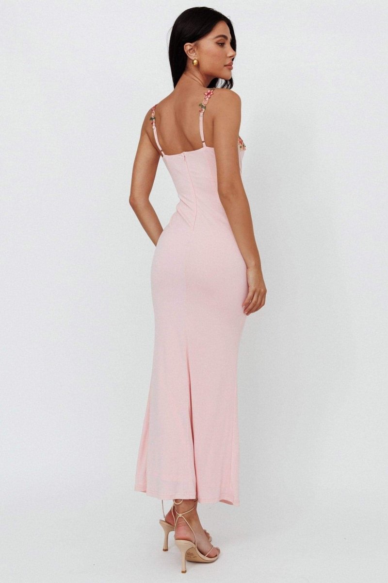 Leonor Chic Midi Dress with Flower Embroidery and Laces Elevated Occasion Wear