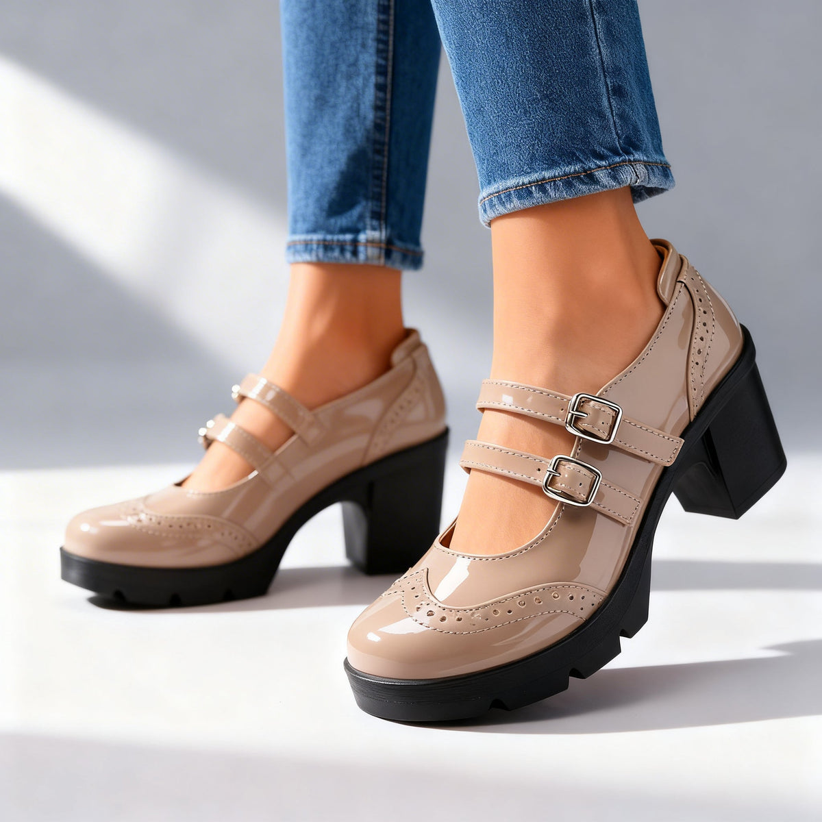 Round Toe Double Buckle Strap Platform Block Heel Mary Jane Pumps 5