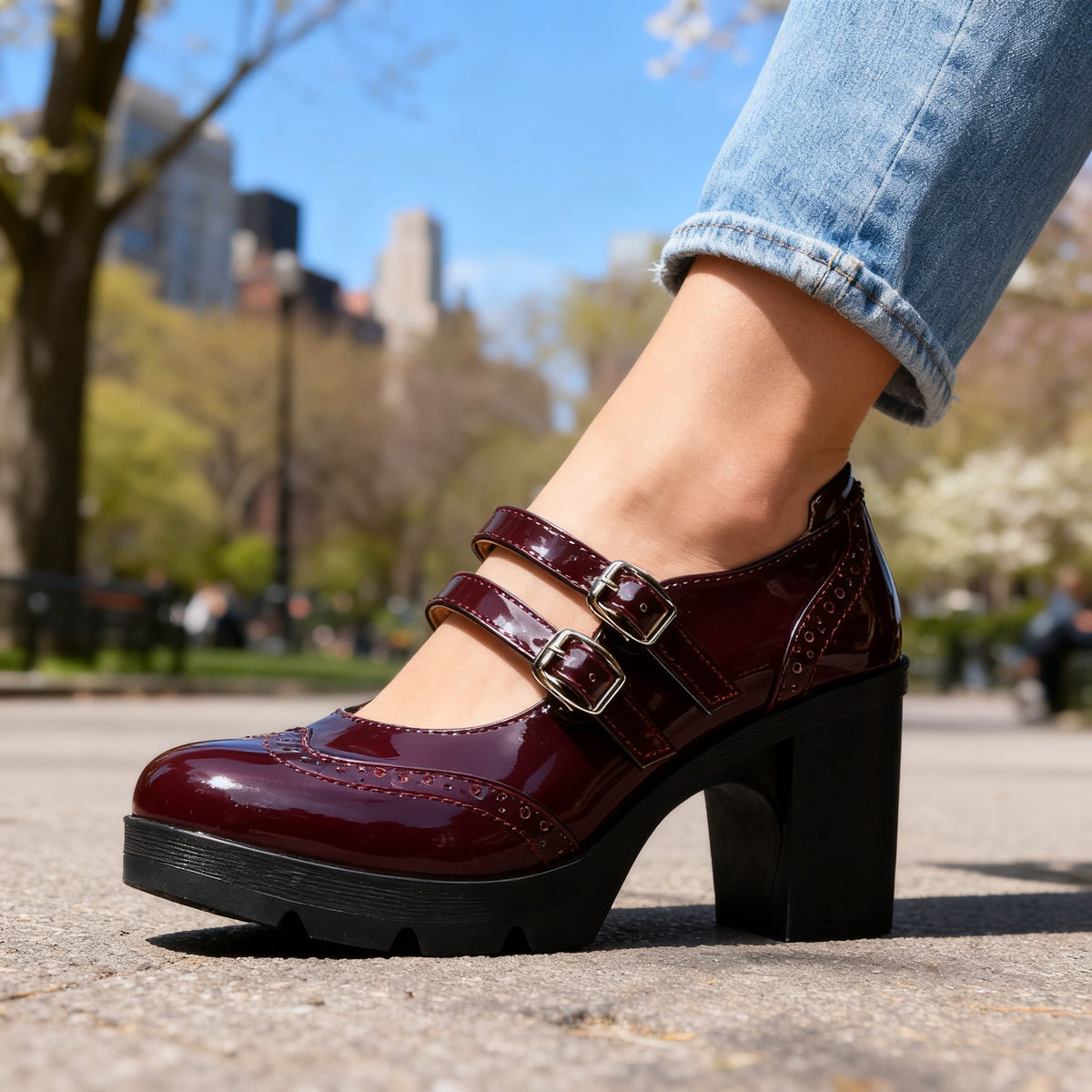 Round Toe Double Buckle Strap Platform Block Heel Mary Jane Pumps 9