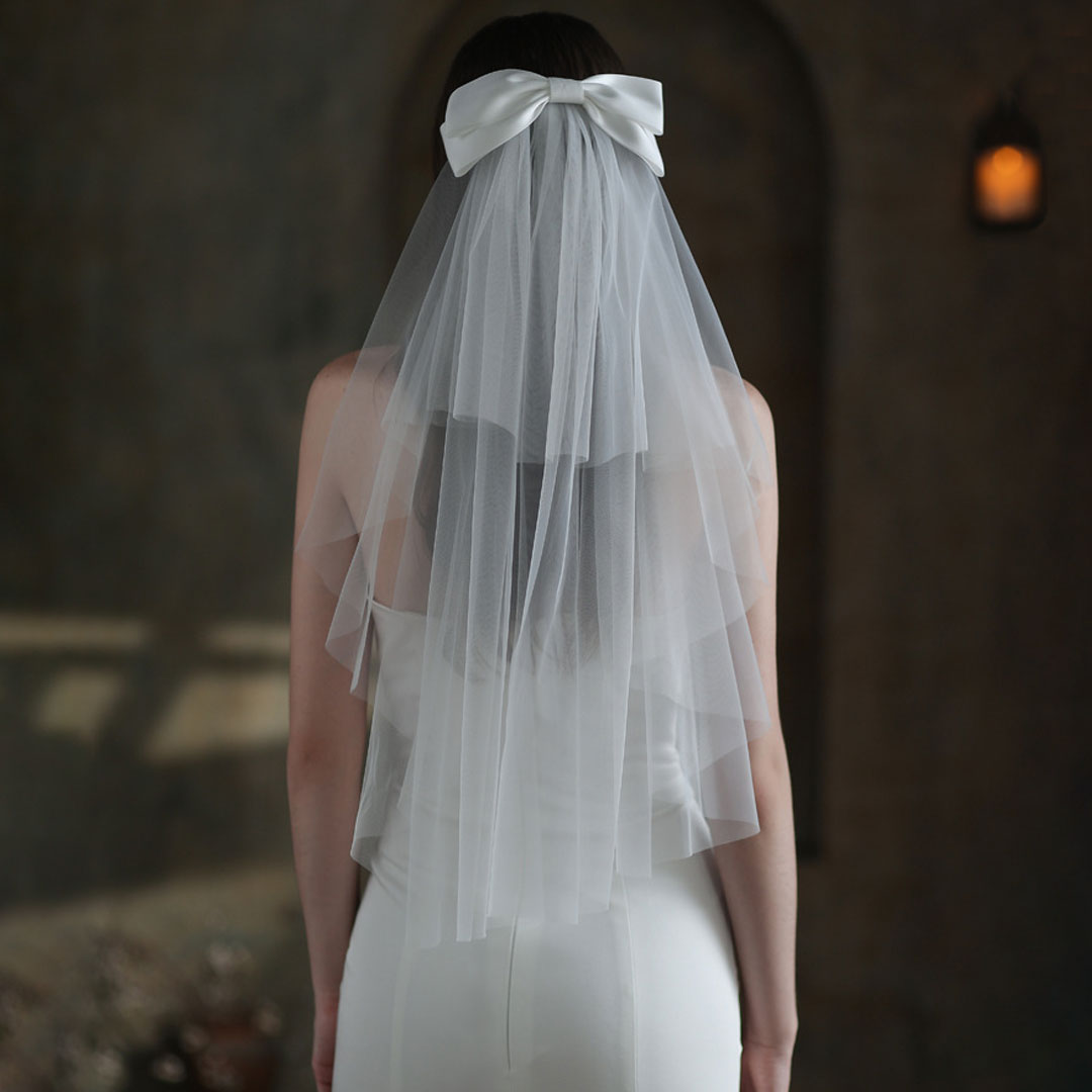Bride To Be Cascading Layered Soft Tulle Silky Ribbon Bow Veil