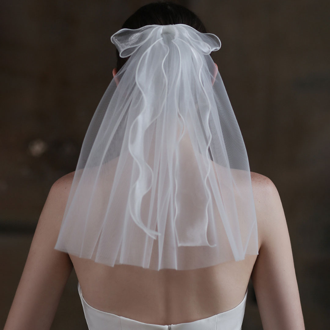 Bride To Be Short Ethereal Soft Tulle Polished Wavy Mesh Bow Veil