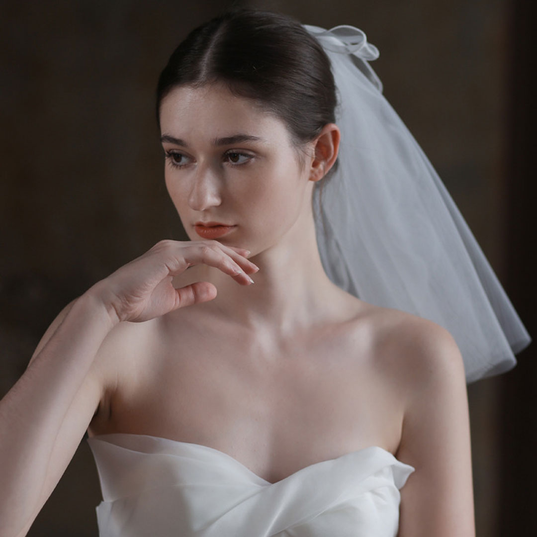 Bride To Be Short Ethereal Soft Tulle Polished Wavy Mesh Bow Veil