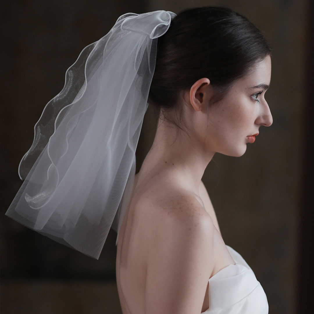 Bride To Be Short Ethereal Soft Tulle Polished Wavy Mesh Bow Veil