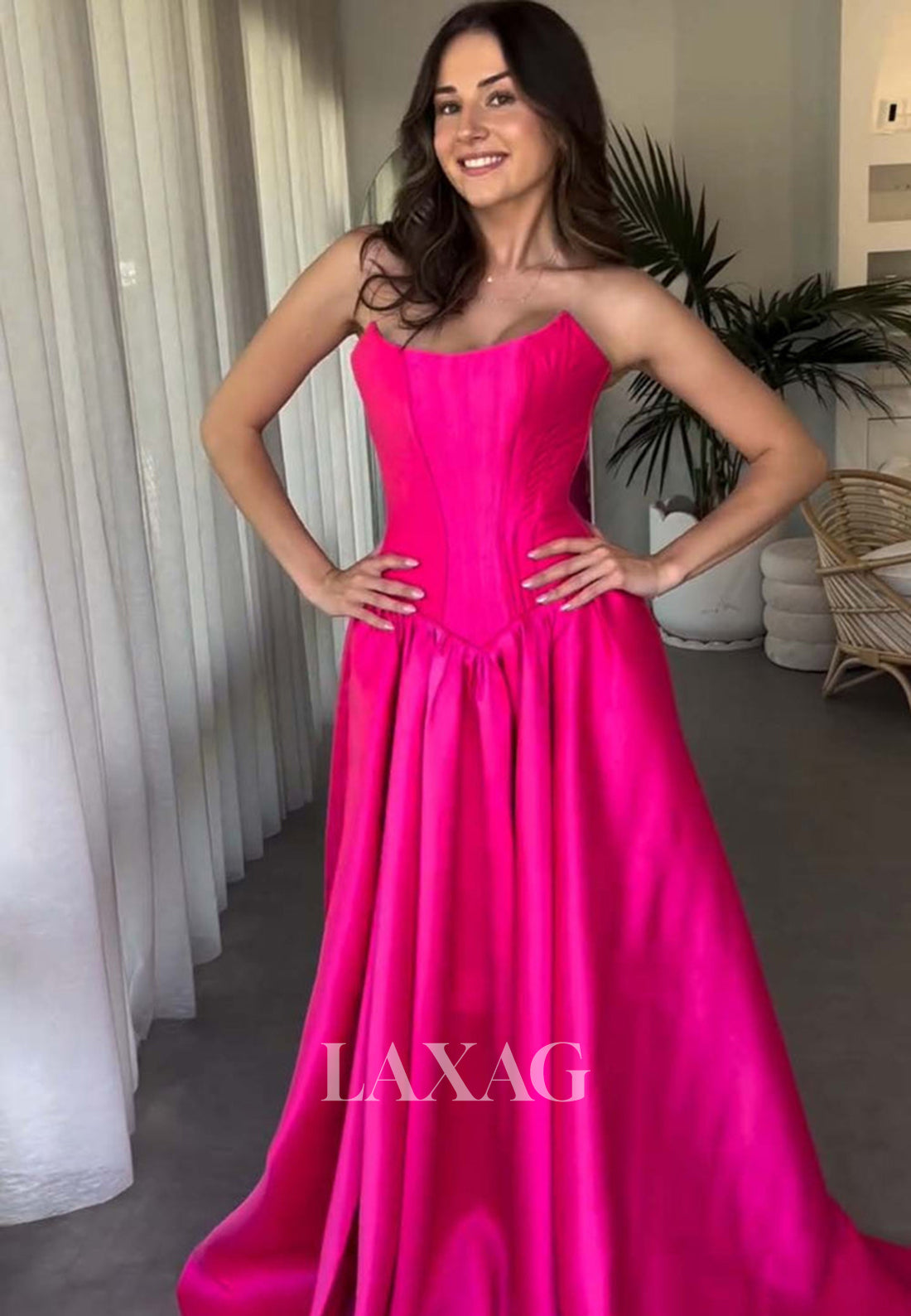 Simple Scoop-Neck Off-Shoulder Sleeveless Formal Gowns Pleated Satin A-Line Prom Dress with Sweep Train