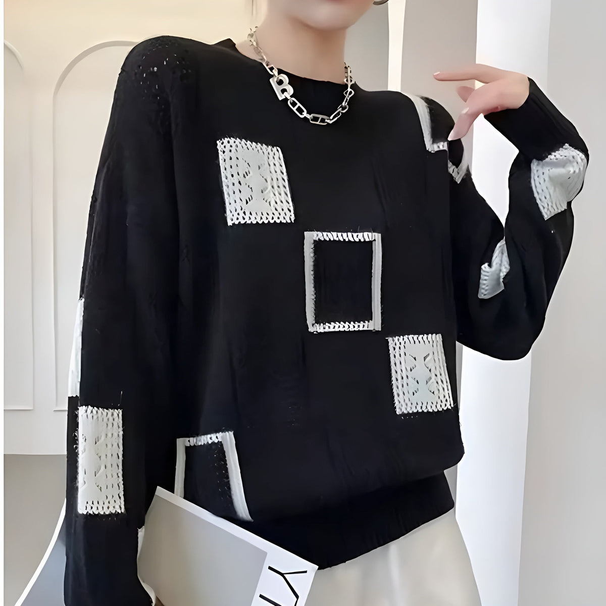 Patchwork Pointelle Crew Neck Drop Shoulder Sweater