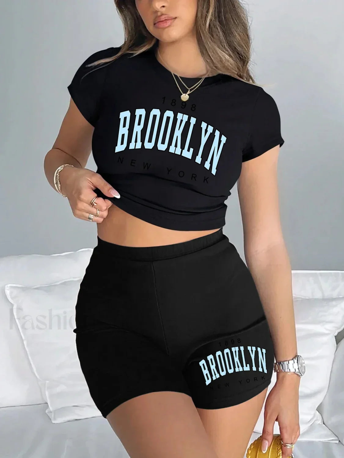 Brooklyn New York Print Slim Crop T-Shirt & Pants