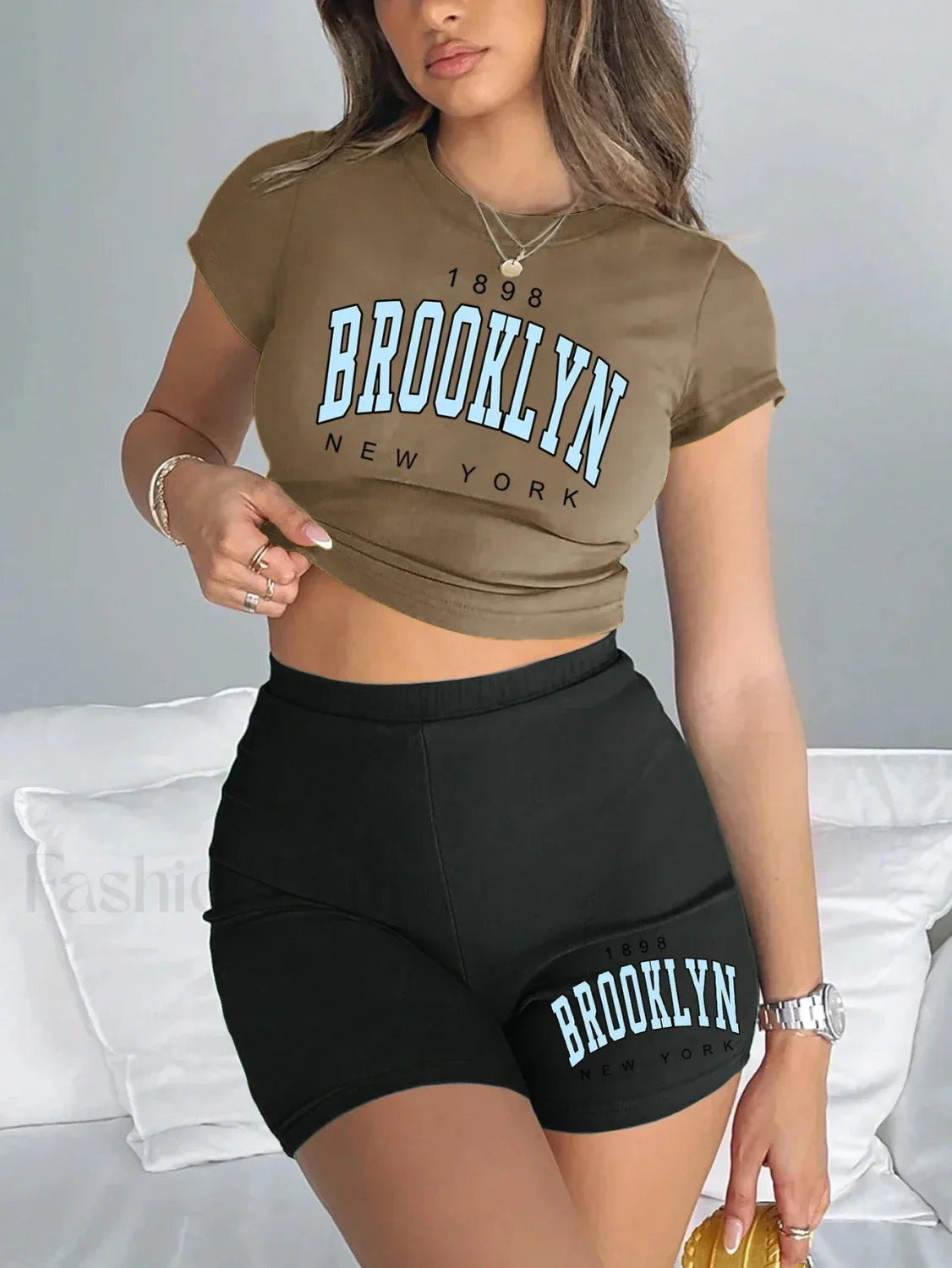 Brooklyn New York Print Slim Crop T-Shirt & Pants
