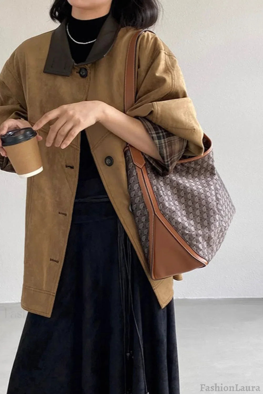 Brown Stand Collar Plaid Suede Jacket