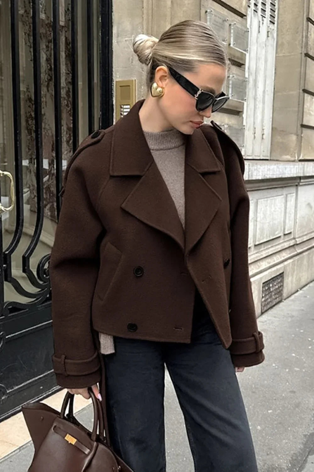 Brown Wool Blend Double Breasted Jacket