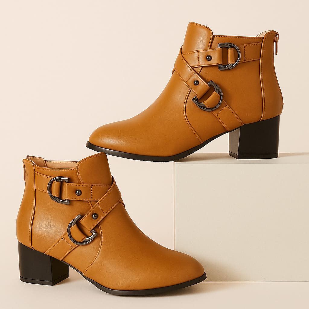 Almond Toe Crossover Buckle Strap Block Heel Ankle Boots