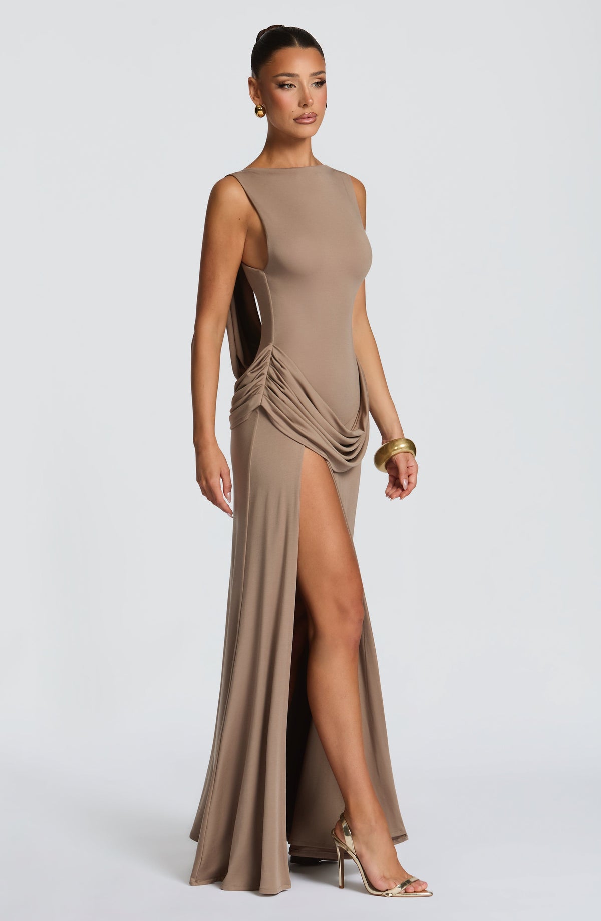 Boat Neck Sleeveless Draped Hip High Split Maxi Gown 3