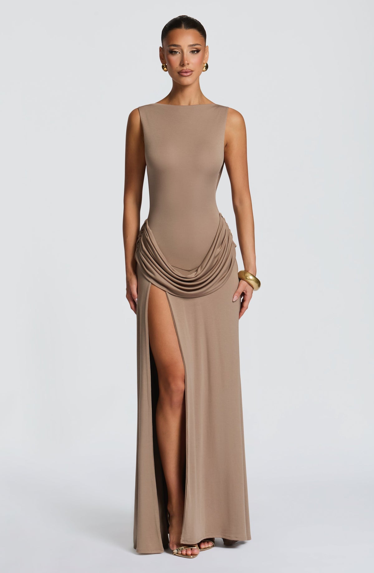 Boat Neck Sleeveless Draped Hip High Split Maxi Gown