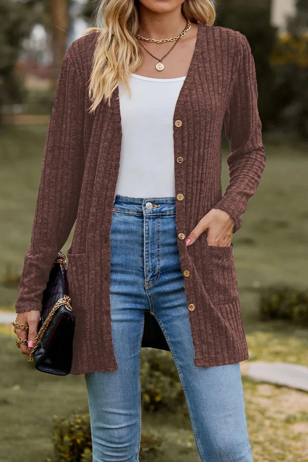 Brushed Ribbed Long Sleeve Cardigan