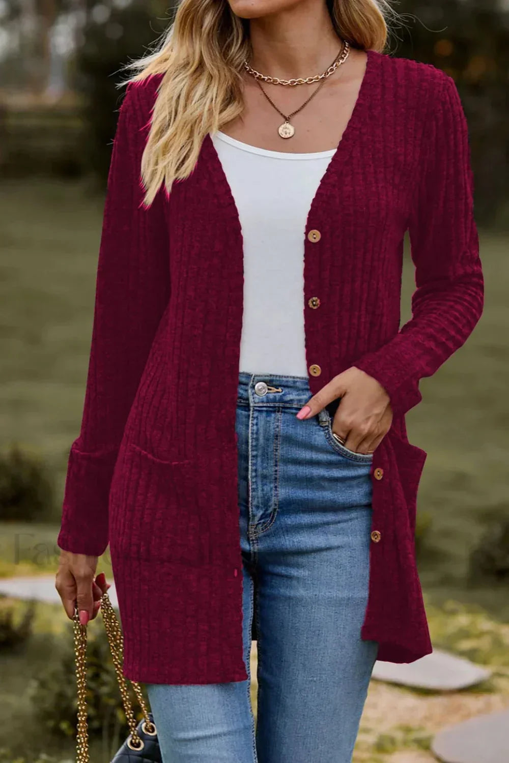 Brushed Ribbed Long Sleeve Cardigan Wine Red / S