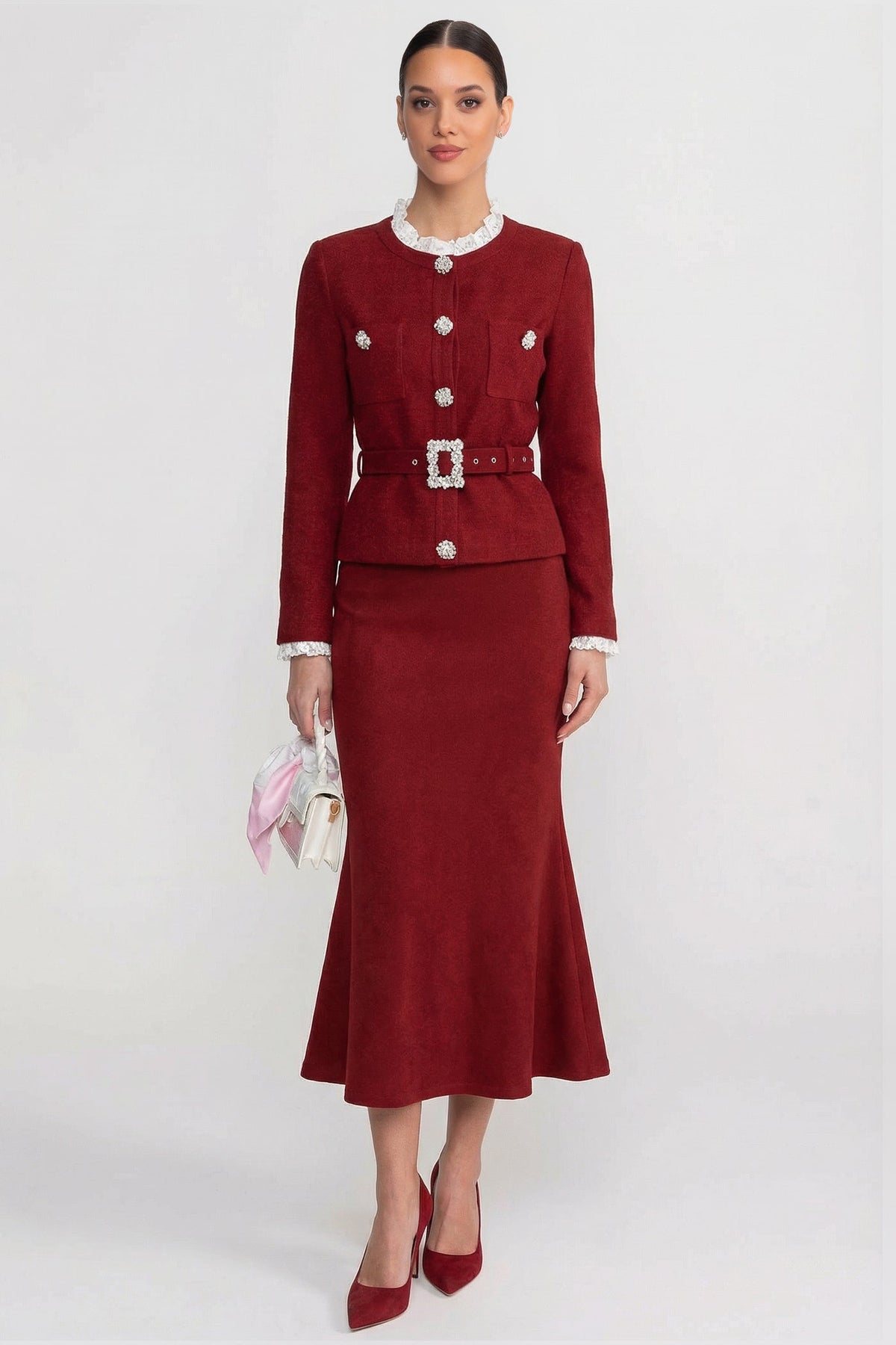 Tweed Belted Jewel Button Jacket and Mermaid Midi Skirt Two Piece Set