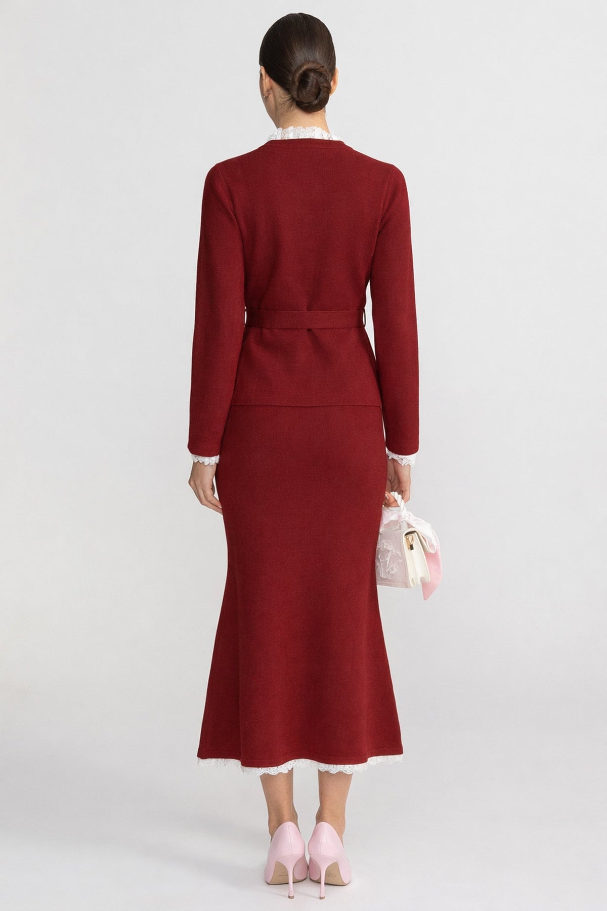 Tweed Belted Jewel Button Jacket and Mermaid Midi Skirt Two Piece Set 3