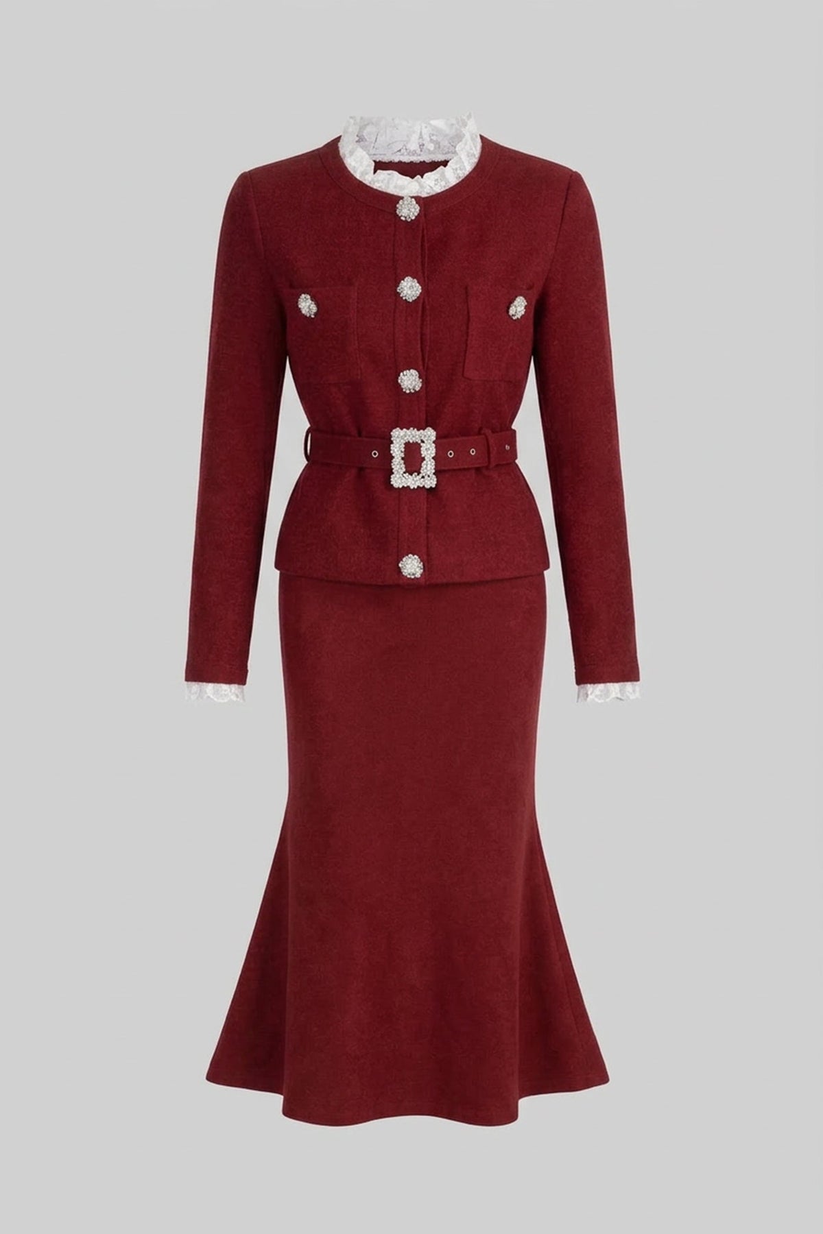 Tweed Belted Jewel Button Jacket and Mermaid Midi Skirt Two Piece Set 2