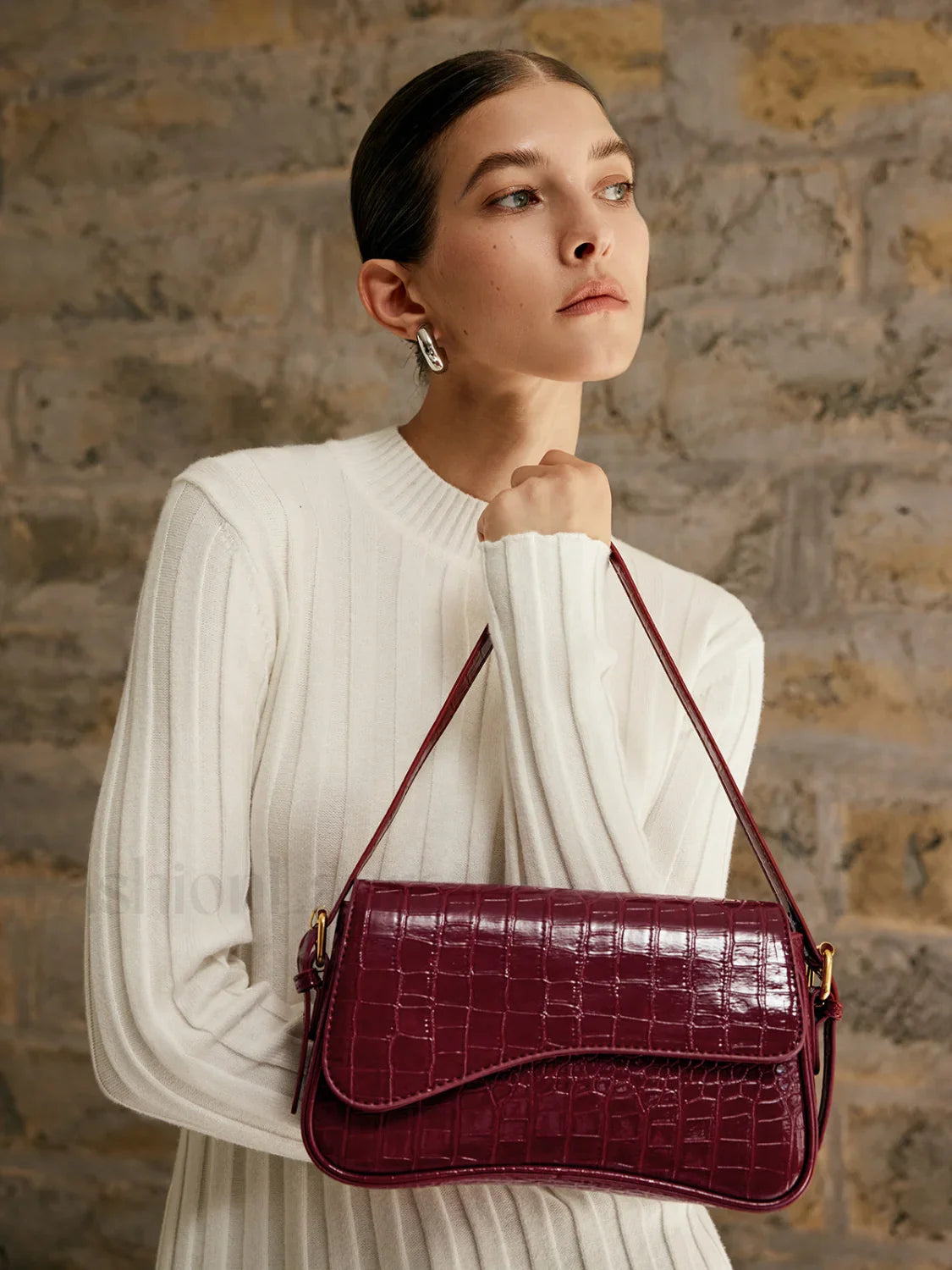 Buckle Checkered Small Armpit Bag Burgundy / One Size Bag