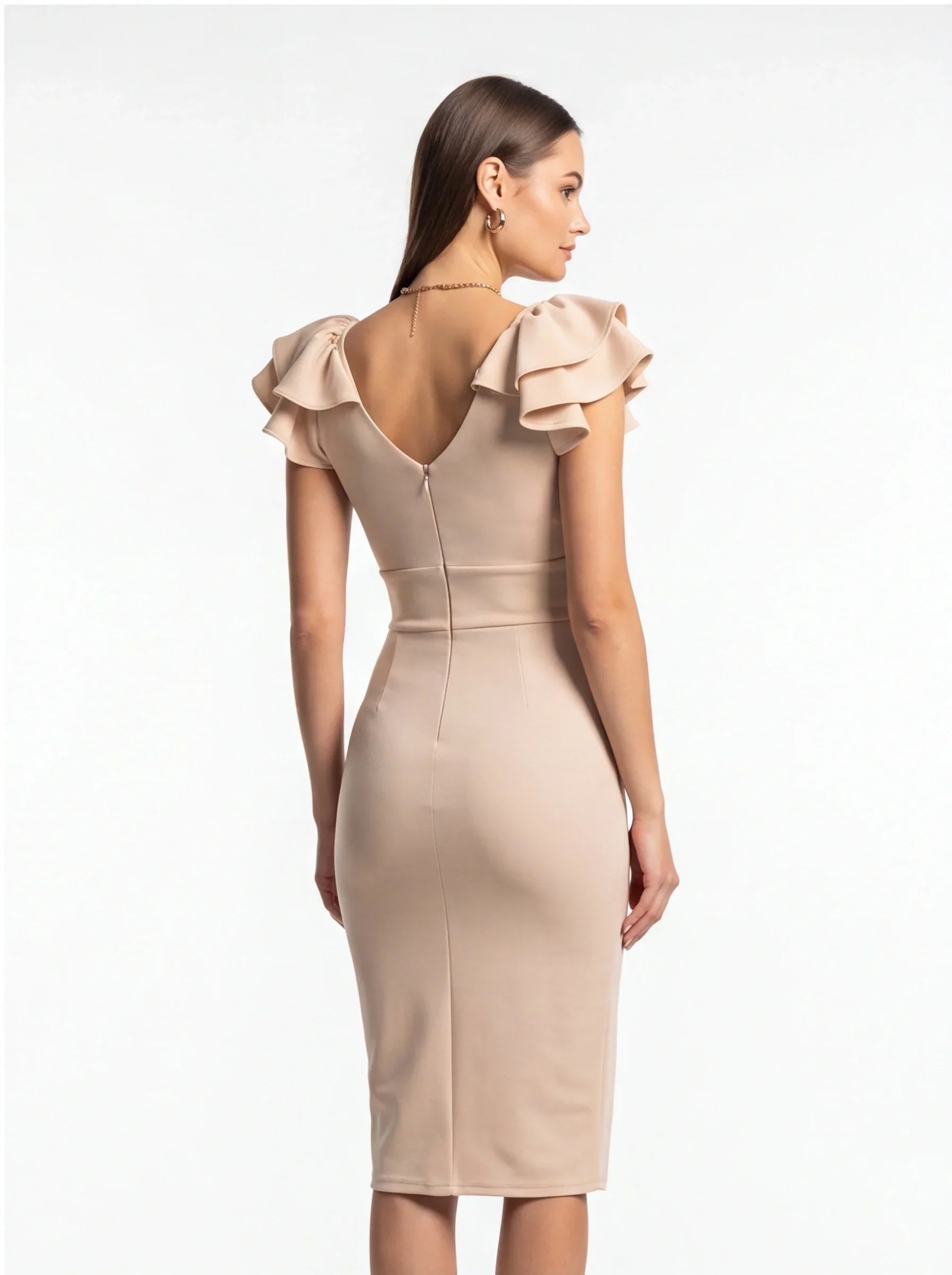 Deep V-Neck Shoulder Ruffle Waistband Ruched High Split Bodycon Midi Cocktail Dress