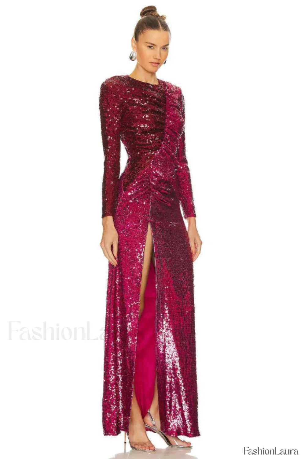Burgundy Ruched Stylish Sequined Maxi Dress