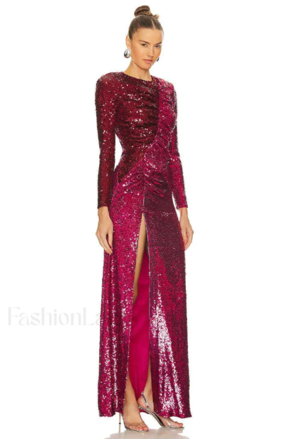 Burgundy Ruched Stylish Sequined Maxi Dress