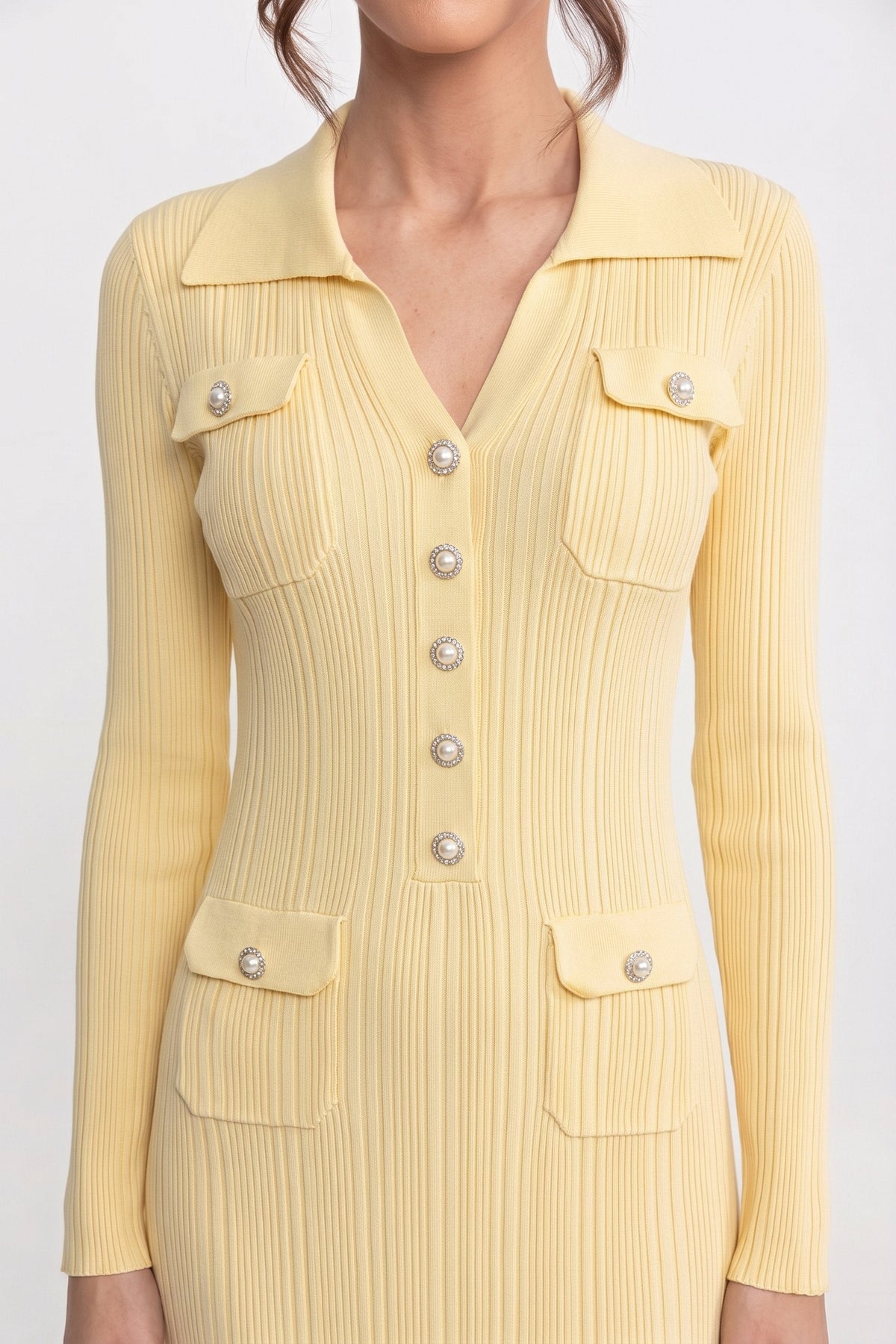 Collared Long Sleeve Button Front Ribbed Knit Flap Pocket Flare Midi Dress 4