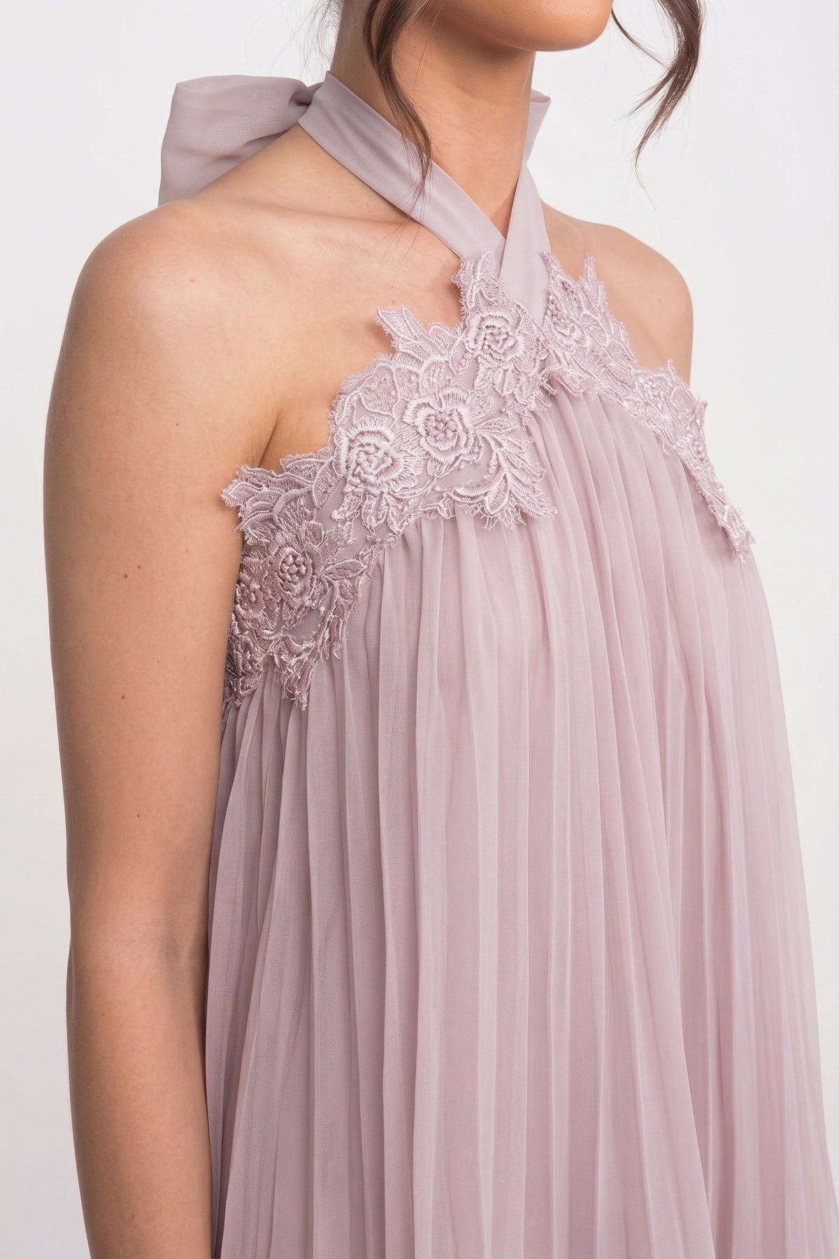 Halter Neck Pleated Chiffon Lace Trim Trapeze Mini Dress 5