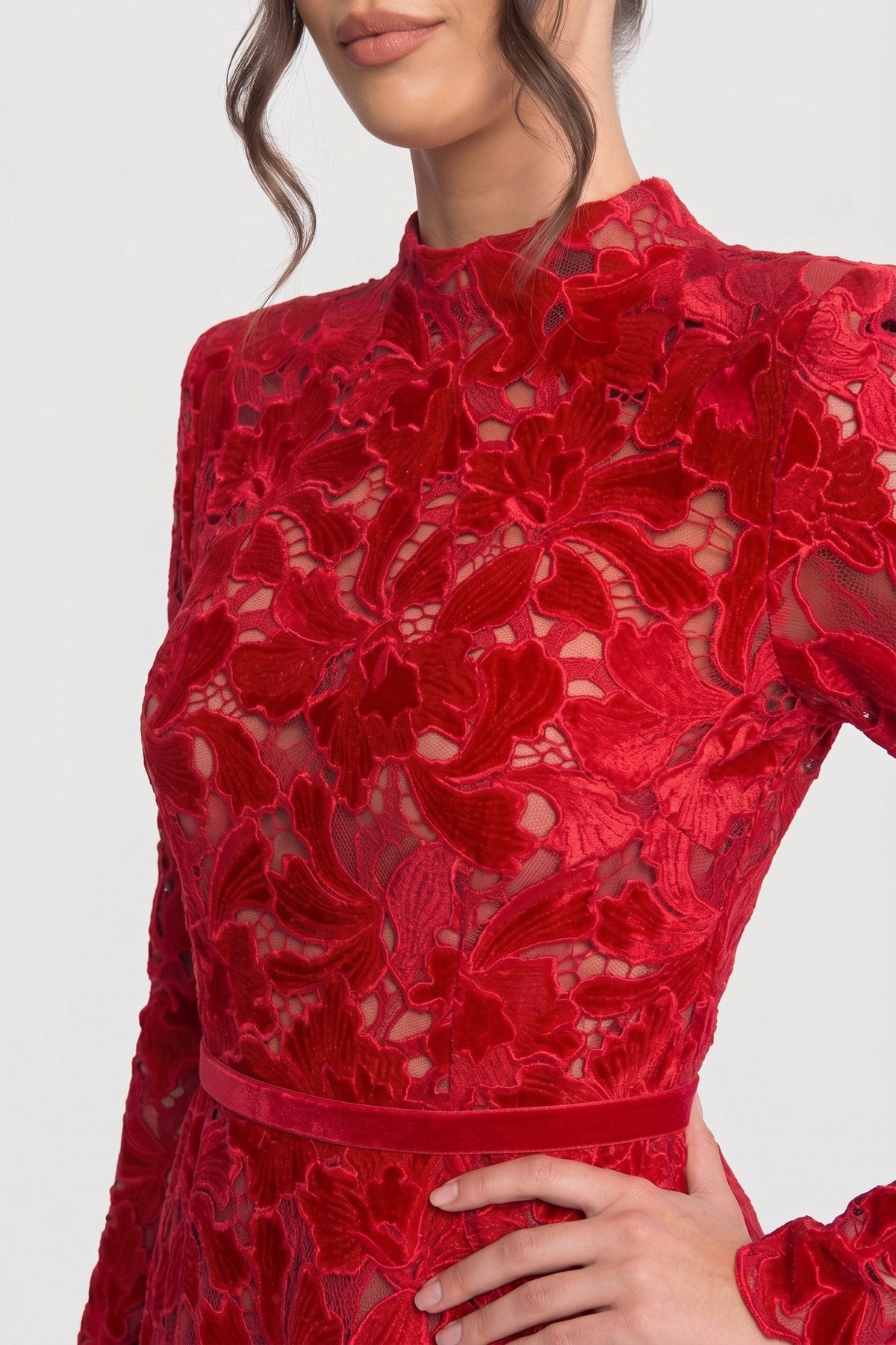 Mock Neck Long Sleeve Floral Lace Scalloped Hem Mini Dress 5