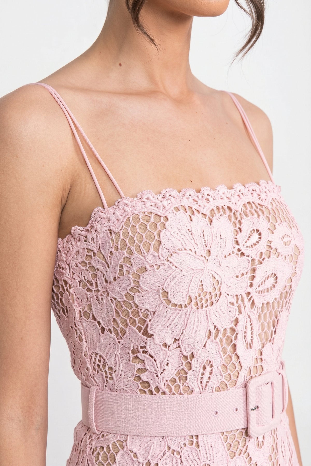 Square Neck Spaghetti Strap Belted Lace Flounce Hem Midi Dress 6