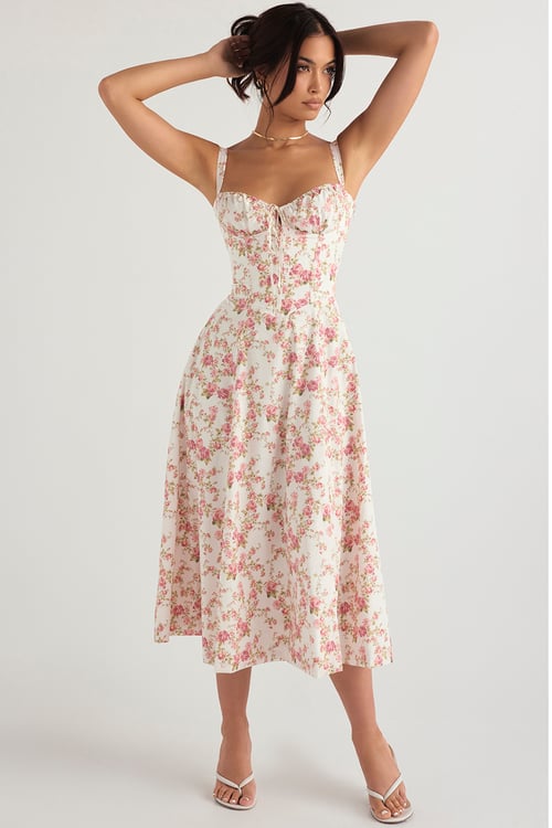 Floral Print Sweetheart Bustier Spaghetti Strap High Split Midi Dress