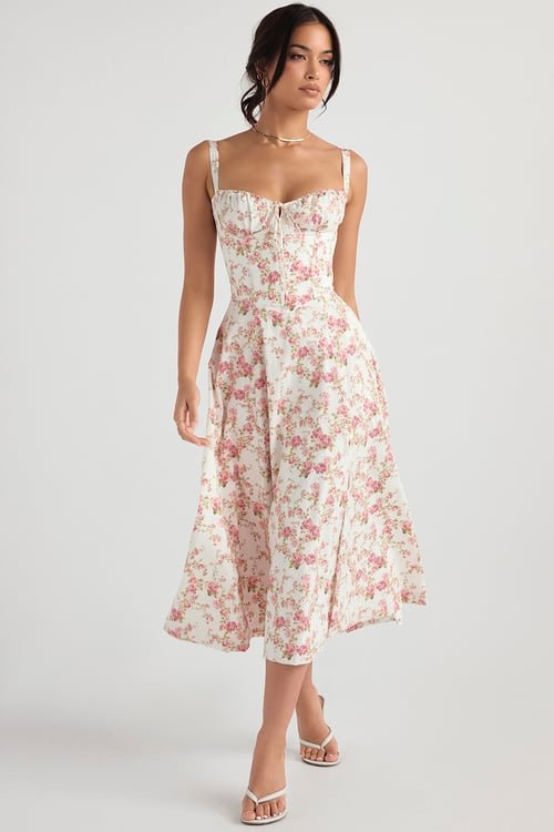 Floral Print Sweetheart Bustier Spaghetti Strap High Split Midi Dress