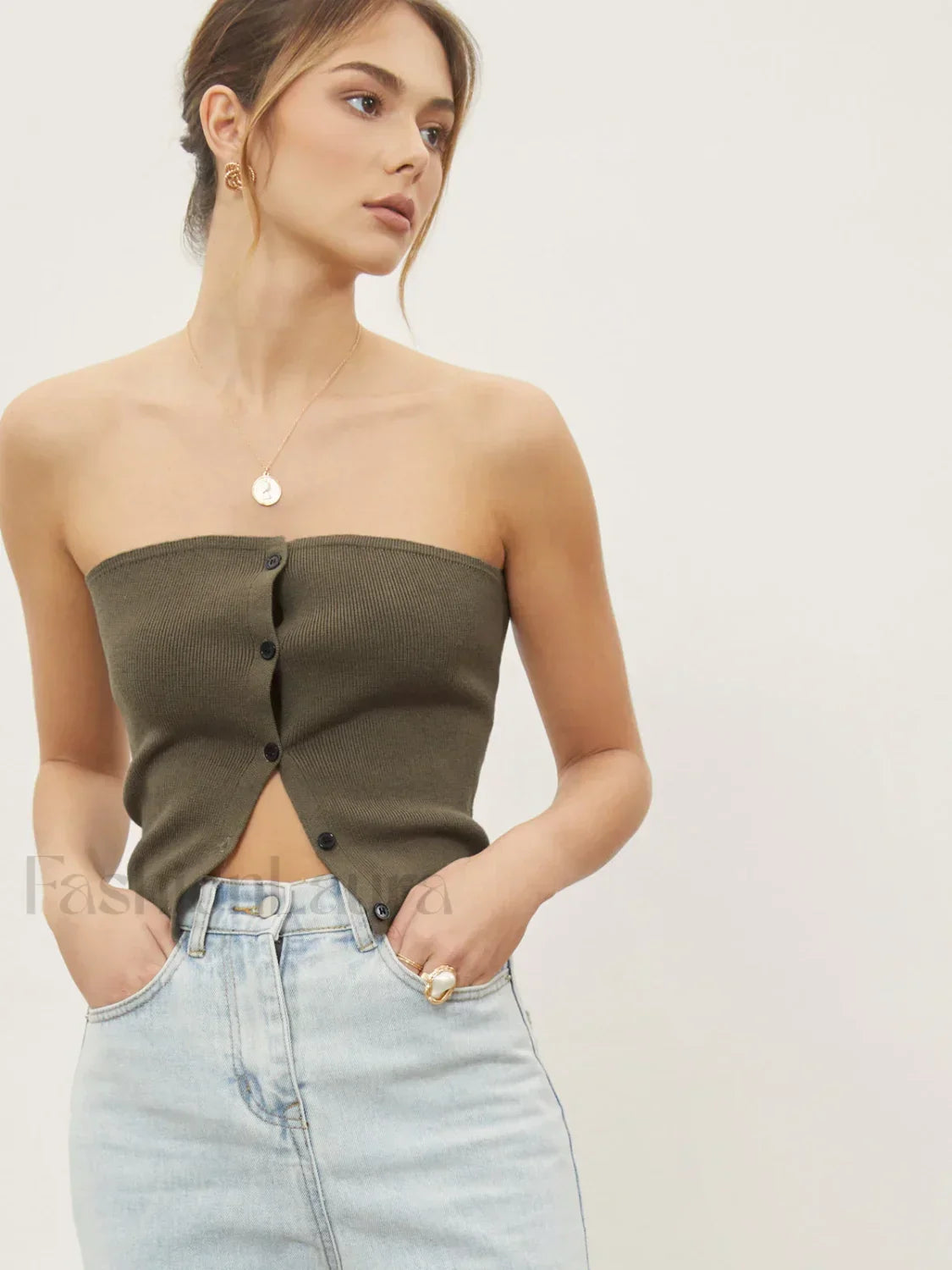 Button Down Knit Trendy Crop Strapeless Tube Top Light Brown / XS Sweaters L
