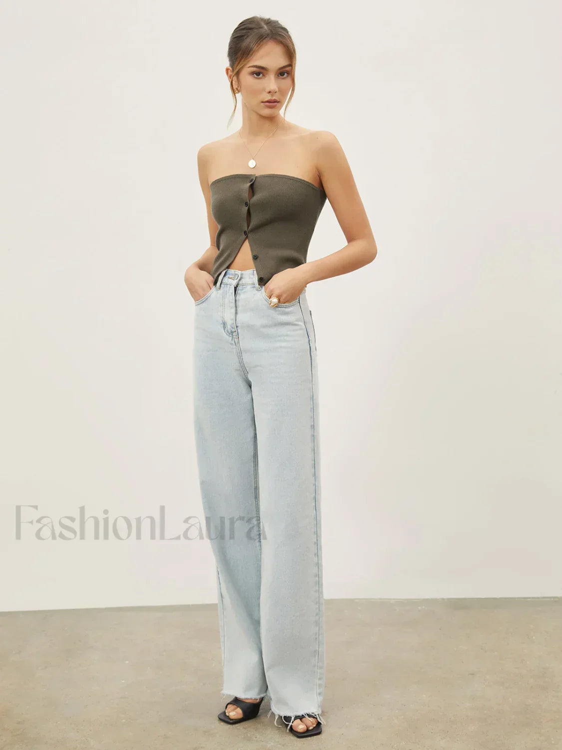 Button Down Knit Trendy Crop Strapeless Tube Top