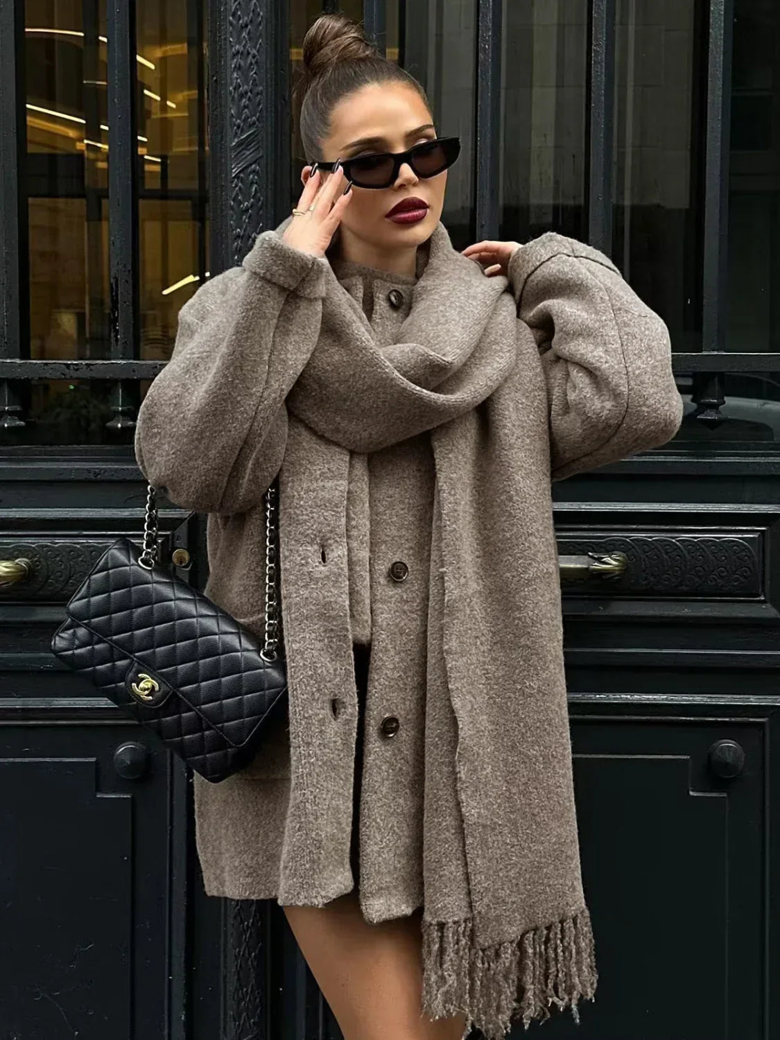 Button Down Pocket Coat Modern with Matching Tassel Scarf Khaki / S Sweaters L